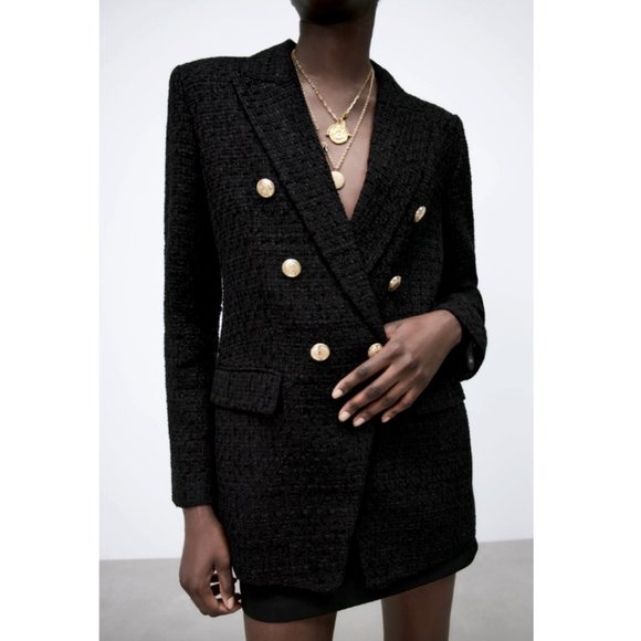 COPY - ZARA WOMEN NEW DOUBLE BREASTED TEXTURED WEAVE BLAZER BLACK 2761/257 XS - Picture 7 of 13